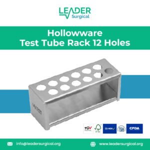 A stainless steel hollowware test tube rack with 12 holes, designed for secure, organized storage of multiple test tubes or vials in a dental laboratory.