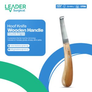 A set of hoof knives with wooden handles and double edges, featuring two knives with curved blades sharpened on both sides for versatile paring of livestock hooves