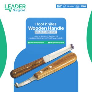 A set of hoof knives with wooden handles and double edges, featuring two knives with curved blades sharpened on both sides for versatile paring of livestock hooves.
