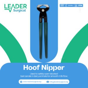 A pair of hoof nippers, a large scissor-like tool with sharp, curved blades, used for cutting away overgrown hoof wall in horses and livestock.