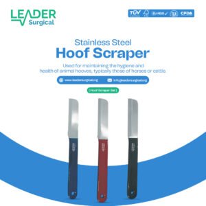 A veterinary hoof scraper set, including various curved and straight metal scrapers, used for cleaning mud, manure, and debris from the soles and grooves of livestock hooves.