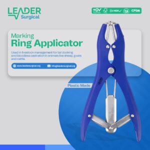 A plastic-made marking ring applicator, a lightweight, hand-held tool with circular jaws, used to apply colored marking rings to a ram's harness for sheep breeding management.
