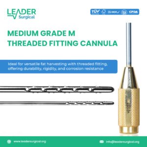 A medium grade M threaded fitting liposuction cannula with a robust tip, designed for balanced efficiency and control in fat harvesting for oral and maxillofacial surgery.
