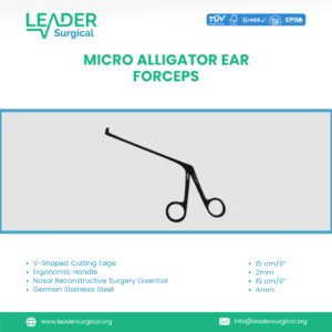 A micro alligator ear forceps, a delicate surgical instrument with fine, serrated tips and a locking mechanism, used for precise tissue handling in otology and microsurgery.