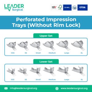 A set of perforated dental impression trays without rim locks, featuring simple handles for taking alginate impressions.