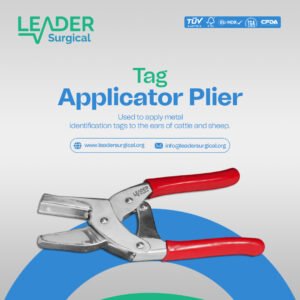 A tag applicator plier, a hand-held, plier-like tool with a punching mechanism, used to attach identification ear tags to livestock.