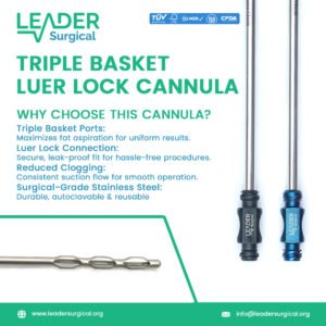 A triple basket Luer lock cannula, a surgical instrument with a three-port basket tip and a Luer lock connection, used for manual fat transfer in cosmetic procedures.