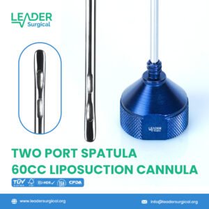 A specialized two-port stainless steel spatula cannula for liposuction, 60cc capacity, featuring a dual-hole tip and an ergonomic handle used in oral and maxillofacial surgery for fat harvesting or transfer.