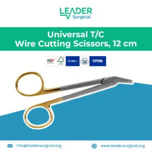 Universal T.C. wire cutting scissors, 12 cm long, with short, heavy-duty serrated blades designed for cutting surgical wires and sutures in plastic and reconstructive surgery.