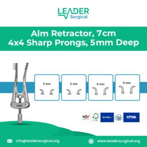 Alm retractor 7 centimeter length with 4x4 sharp prongs configuration and 5 millimeter blade depth for delicate skin and tissue retraction in plastic and oral surgery.