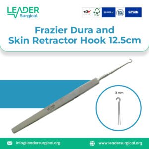 Frazier dura and skin retractor hook 12.5 centimeter length with fine curved tip for atraumatic retraction of dura mater and delicate skin edges during neurosurgery and plastic surgery.