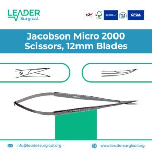 Jacobson Micro 2000 microsurgical scissors with 12 millimeter ultra-sharp blades for precision dissection in microvascular anastomosis and ophthalmic surgery.
