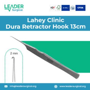 Lahey Clinic dura retractor hook 13 centimeter length with fine curved tip for gentle retraction and elevation of dura mater during neurosurgical and spinal procedures.