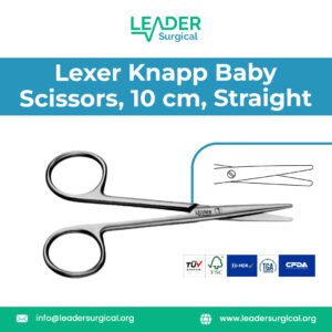 Lexer Knapp baby scissors 10 centimeter length with straight delicate blades for fine tissue dissection and suture cutting in pediatric plastic and ophthalmic surgery.