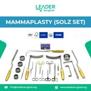Complete Solz mammaplasty instrument set including specialized breast retractors dissectors elevators and forceps for augmentation reduction mastopexy and breast reconstruction procedures.