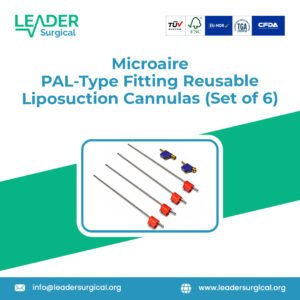 Set of 06 reusable liposuction cannulas with Microaire PAL-type fitting connection featuring various tip configurations including Mercedes spatula and cobra designs for power-assisted liposuction procedures.