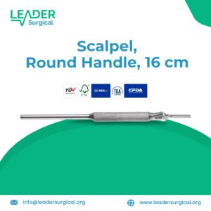 Stainless steel surgical scalpel with round knurled handle 16 centimeter length for precise incisions during general surgery and dissection procedures accepting standard surgical blades.