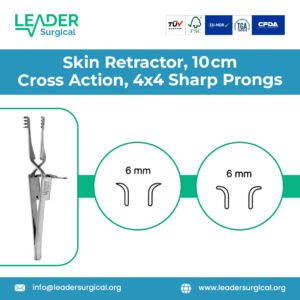 Skin retractor 10 centimeter length with cross action handle design and 4x4 sharp prongs for secure tissue retraction during minor and plastic surgery.